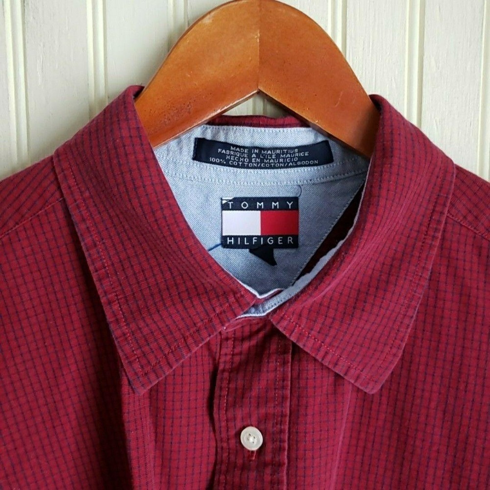 Tommy Hilfiger Shirt Mens Large Red Check Short Sleeve Button Up Casual